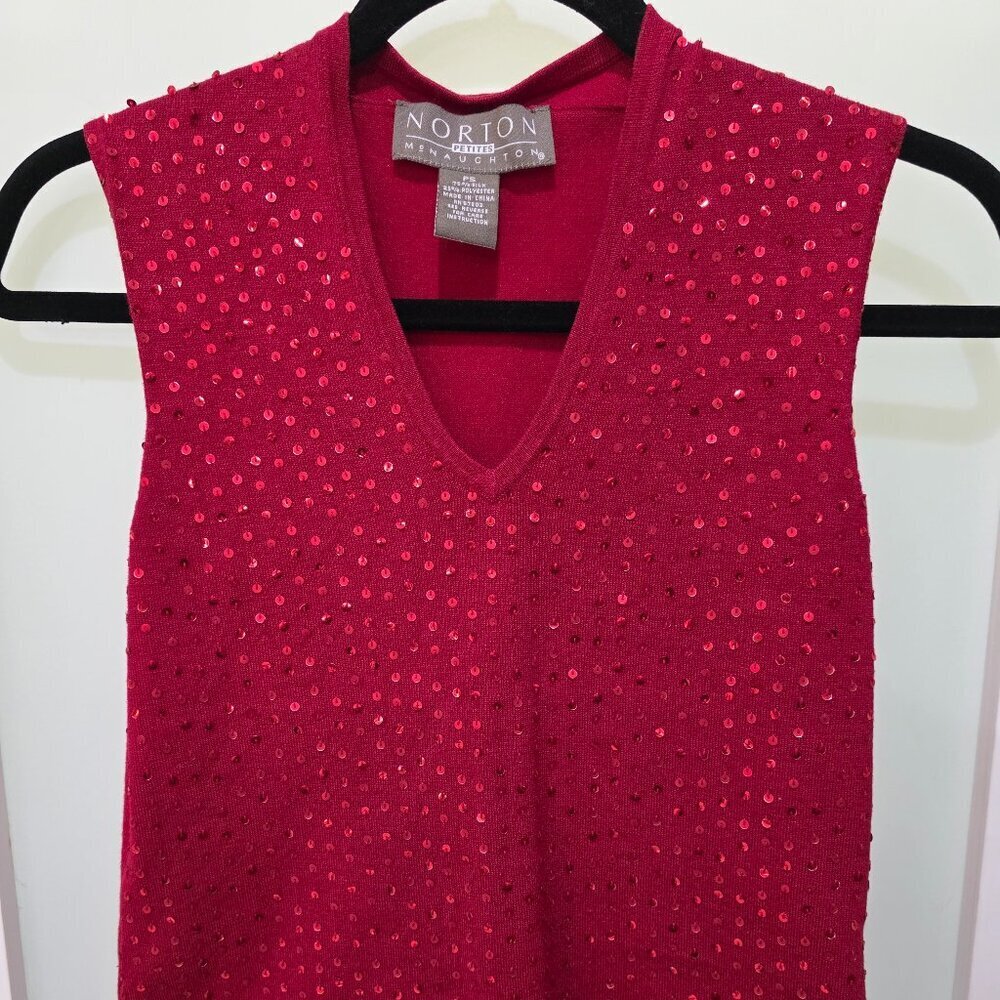 Norton Petites Red Sequin Sweater Tank PS Sparkle Knit‎ Sleeveless Top